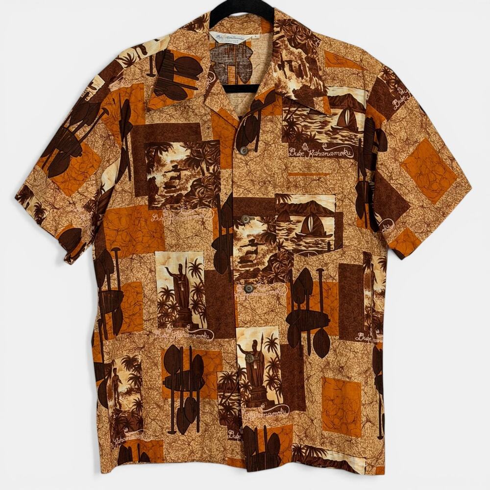 Vintage Duke Kahanamoku Catalina Hawaiian Shirt Scenic Surf Tiki Brown Aloha L